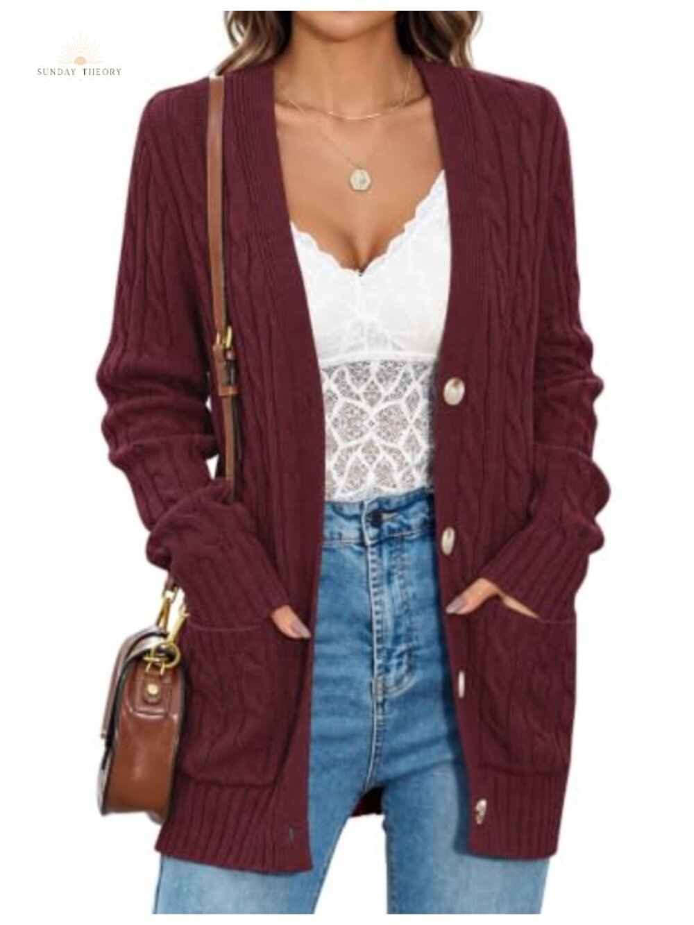Cable Knit Button Up Oversized Cardigan Sweater with Pockets
